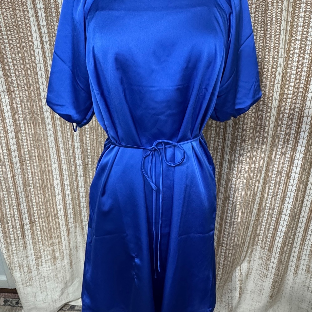 Ann Taylor Royal Blue Satin Dress | Size 6 | Puff Sleeve Tie Waist Midi Dress - Picture 7 of 10